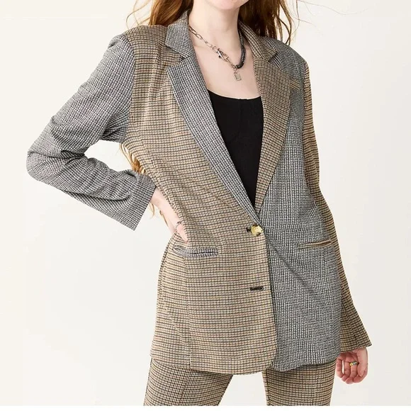 Oversized Houndstooth Mixed Plaid Blazer - Black and Brown - Picture 1 of 4